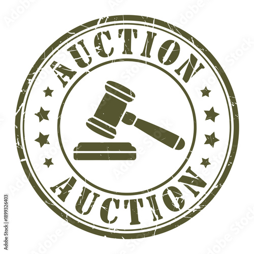 Vintage auction stamp with a gavel and stars distressed texture visible
