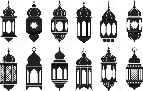 Black ramadan lanterns. Fanous line lantern, arabic lamps silhouettes vintage egyptian moroccan dubai eastern lamp for islamic mosque or arabian lighting, neat vector illustration