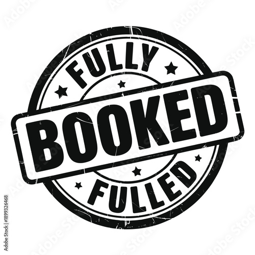 A black and white circular stamp declaring fully booked with star accents