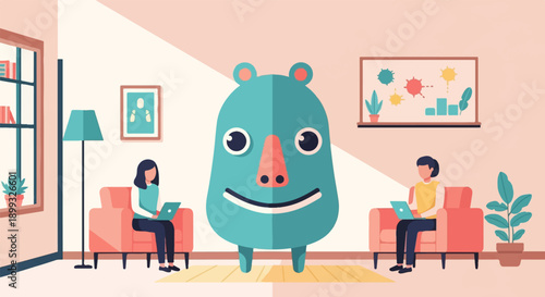 Two people working on laptops with a large cartoon character between them