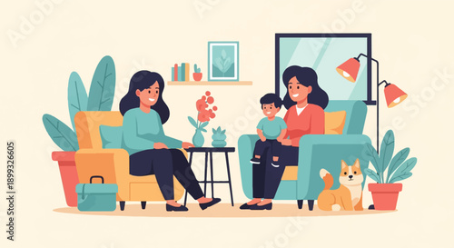 Two women and a child relax in a cozy living room with a dog