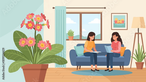 Two women conversing on a sofa in a living room with plants and a window view