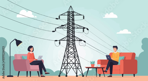 Two people working on laptops with a power tower and sky in background