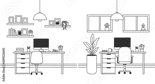 Modern office spaces with green accents and minimalist decor