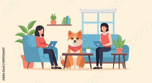 Two women and a dog relax in a living room, each with a laptop