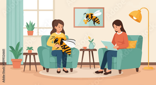Two women conversing in a cozy room with bee-themed decor