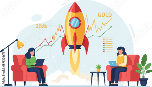 Two people working on laptops with a rocket launch graphic