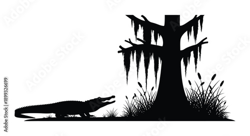A striking black silhouette of a cypress tree with spanish moss and an alligator on transparent background high quality professional detailed