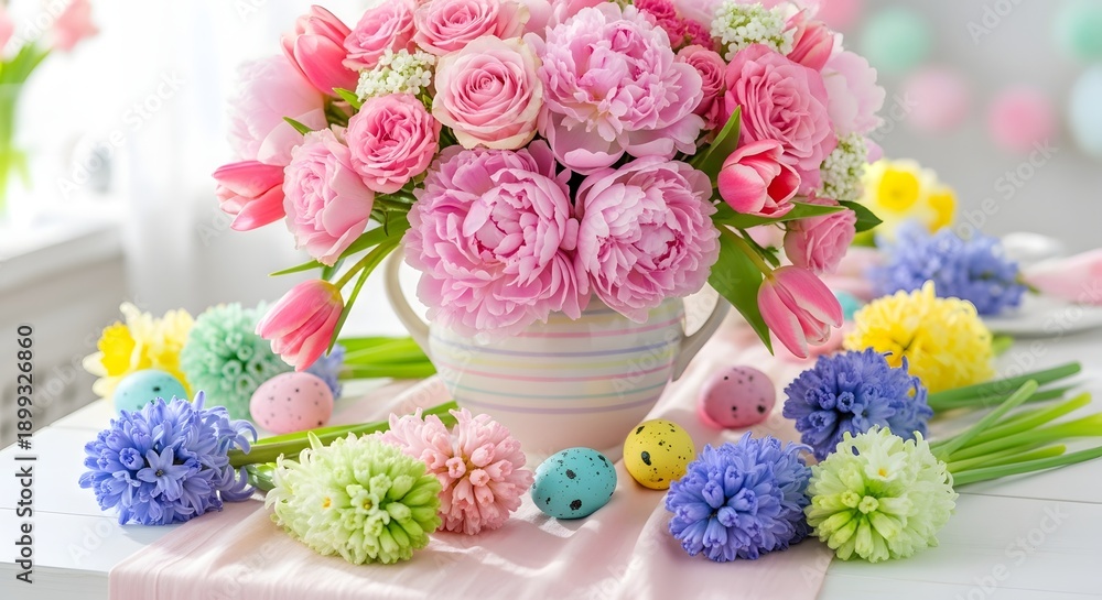 Obraz premium Easter sunday floral arrangement with pink roses and colorful eggs