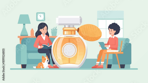 Two women and a dog are in a room with a large perfume bottle and a lamp