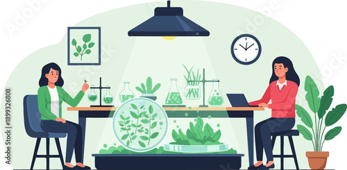 Two women conducting scientific research with plants in a laboratory