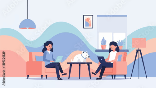 Two women and a dog are in a living room, each with a laptop