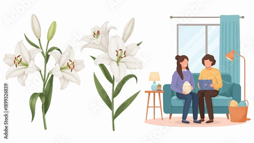 Two women on a sofa with flowers and Easter decorations