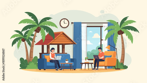 Two people working remotely from home with palm trees outside