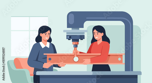Two women collaborating on a mechanical assembly