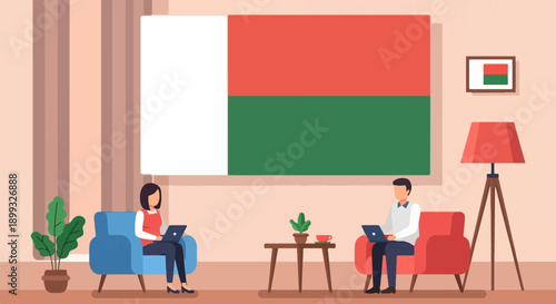 Two people working remotely in a living room with a flag