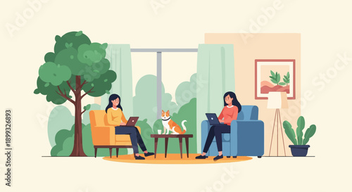 Two women and a dog relax in a bright room with a large window and plants