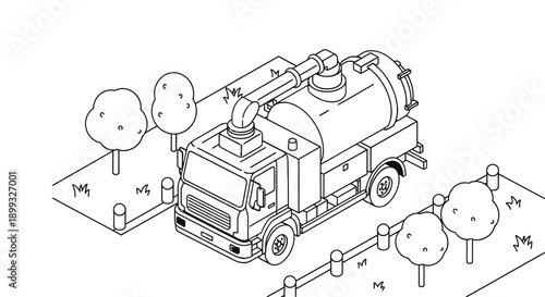 A blue and white vacuum truck parked on a suburban street with trees