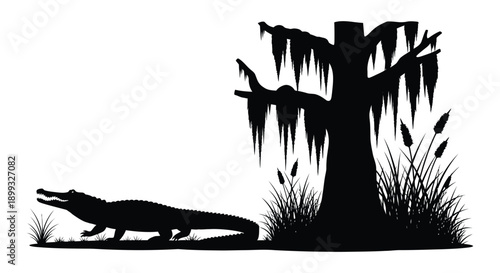 A striking black silhouette of an alligator near a spanish moss draped tree on transparent background high quality professional detailed modern