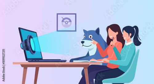 Two women and a dog look at a laptop projecting a beam of light