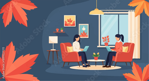 Two people working remotely on laptops in cozy armchairs indoors