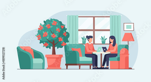 Two women collaborate on laptops in a cozy, plant-filled living room