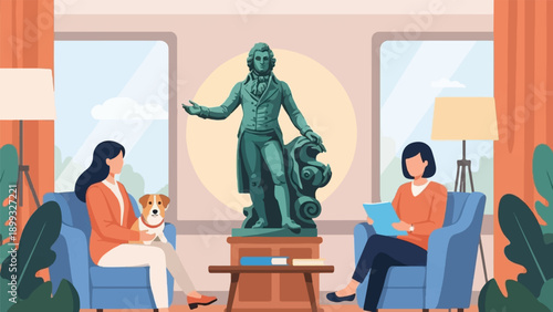 Two women and a dog in a living room with a statue and plants