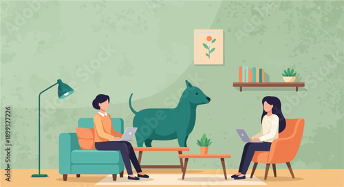 Two women and a dog in a living room working on laptops