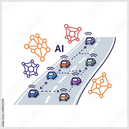 Autonomous Cars on Highway AI Network Connected Vehicle Technology.