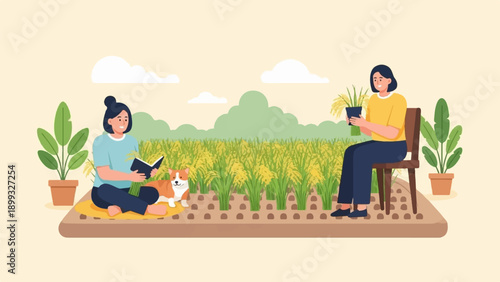 Two women and a dog in a rice field, one reading, one holding grain