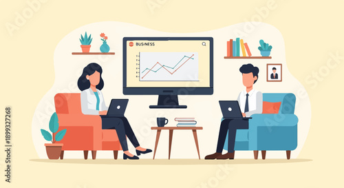 Two people working remotely on laptops, with a business chart on screen