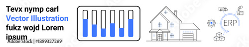 Bar graph with rising data levels alongside a detailed house, ERP software icon, and supply chain symbols. Ideal for analytics, real estate, business solutions, logistics, technology, manufacturing