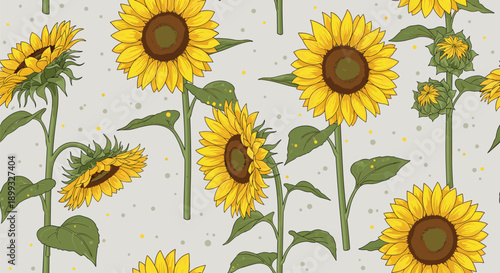 Seamless pattern showcases bright yellow sunflowers with brown centers and green leaves on a light gray dotted background.