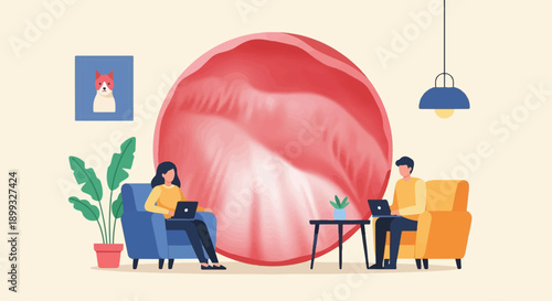 Two people working on laptops in a modern living room with a large abstract art