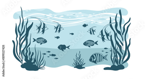 Dark blue silhouettes of various tropical fish and seaweed create a beautiful underwater seascape on a light blue background.