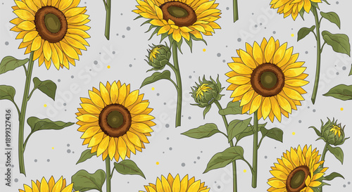 Vibrant seamless pattern features blooming sunflowers in various sizes with green leaves on a light gray textured background.