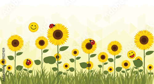 Cheerful scene shows a row of bright sunflowers in green grass with ladybugs and smiling sun icons on a light background.
