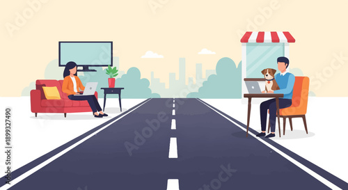 Two people working remotely, one with a dog, separated by a road