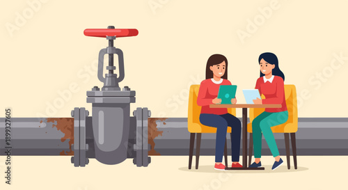 Two women at a table, working on laptops, near a large industrial valve on a pipe