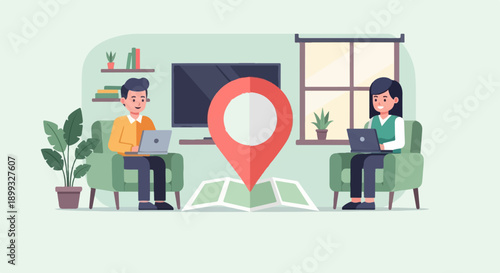 Two people working on laptops in a living room with a map and pin