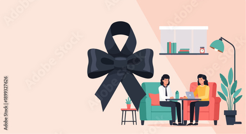 Two women at a table with a large black bow above them