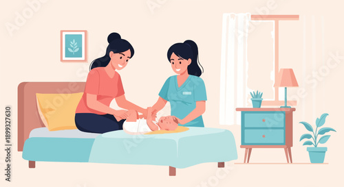 Two women care for a baby on a bed in a room