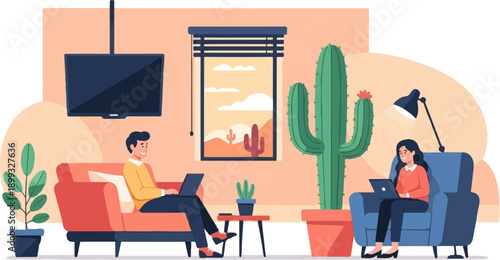 Two people working on laptops in a living room with a cactus and plants
