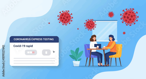 Two women at a table, one with a laptop, undergoing rapid COVID-19 testing