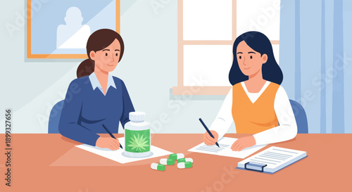 Two women at a table, one holding a pill bottle with cannabis leaf