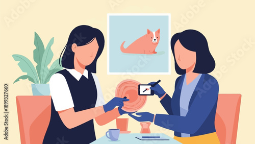 Two women at a table, one showing the other something on a phone