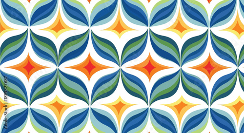 Vibrant retro seamless pattern featuring stylized floral elements in cool blues and greens contrasted with warm orange and yellow starburst accents