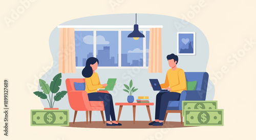 Two people working on laptops in a home setting with stacks of money