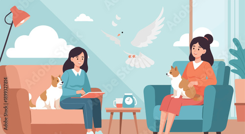 Two women and their dogs relax in a cozy room with a dove flying above