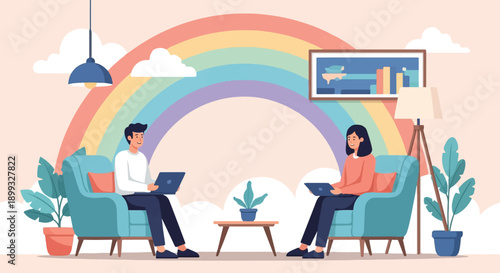 Two people working on laptops in a cozy room with a rainbow arch